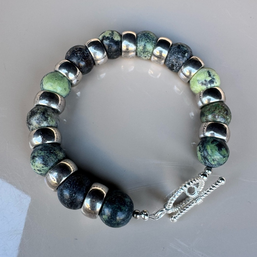 Handmade African Turquoise Stone Green and Silver Beaded Bracelet